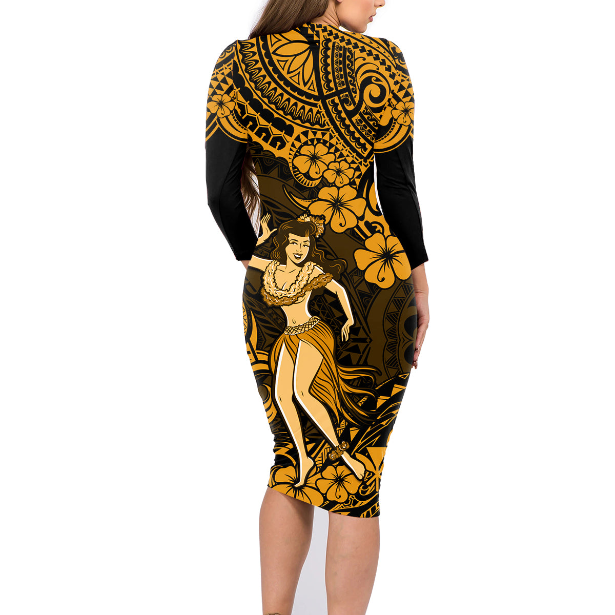 Hawaii Hula Girl Family Matching Long Sleeve Bodycon Dress and Hawaiian Shirt Polynesian Pattern Gold Version - Wonder Print Shop