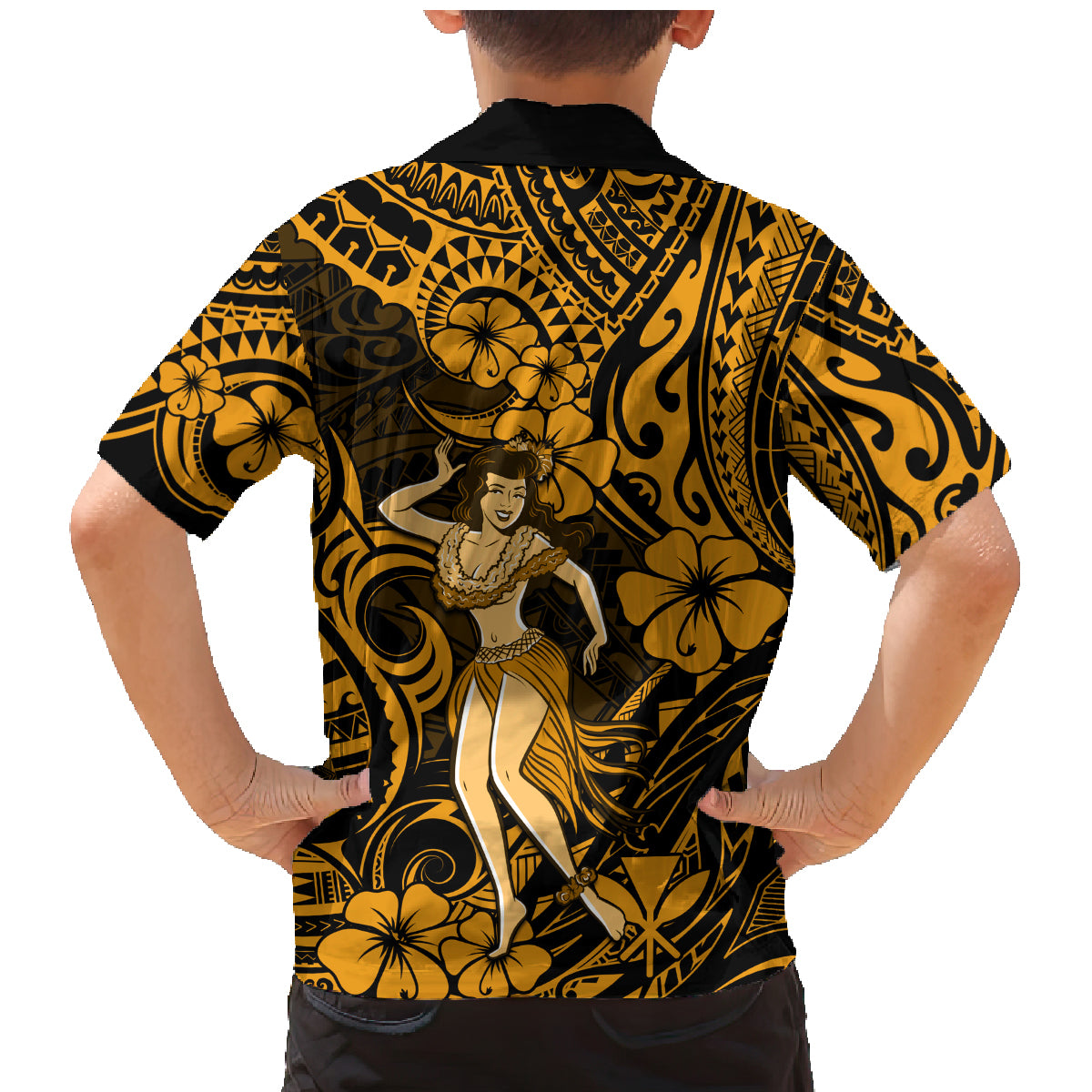 Hawaii Hula Girl Family Matching Mermaid Dress and Hawaiian Shirt Polynesian Pattern Gold Version - Wonder Print Shop