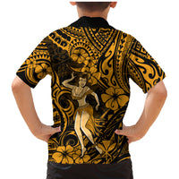 Hawaii Hula Girl Family Matching Mermaid Dress and Hawaiian Shirt Polynesian Pattern Gold Version - Wonder Print Shop
