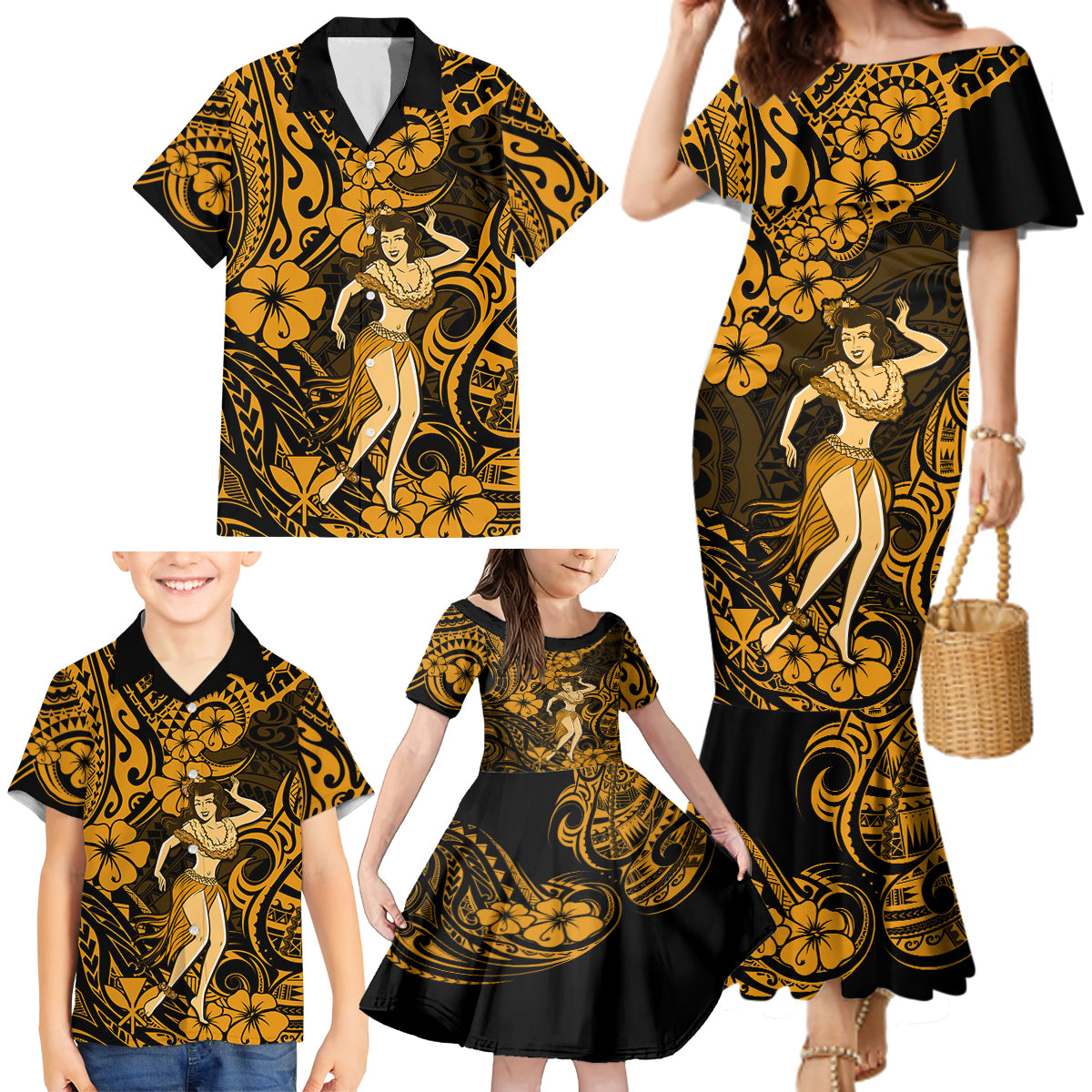 Hawaii Hula Girl Family Matching Mermaid Dress and Hawaiian Shirt Polynesian Pattern Gold Version - Wonder Print Shop