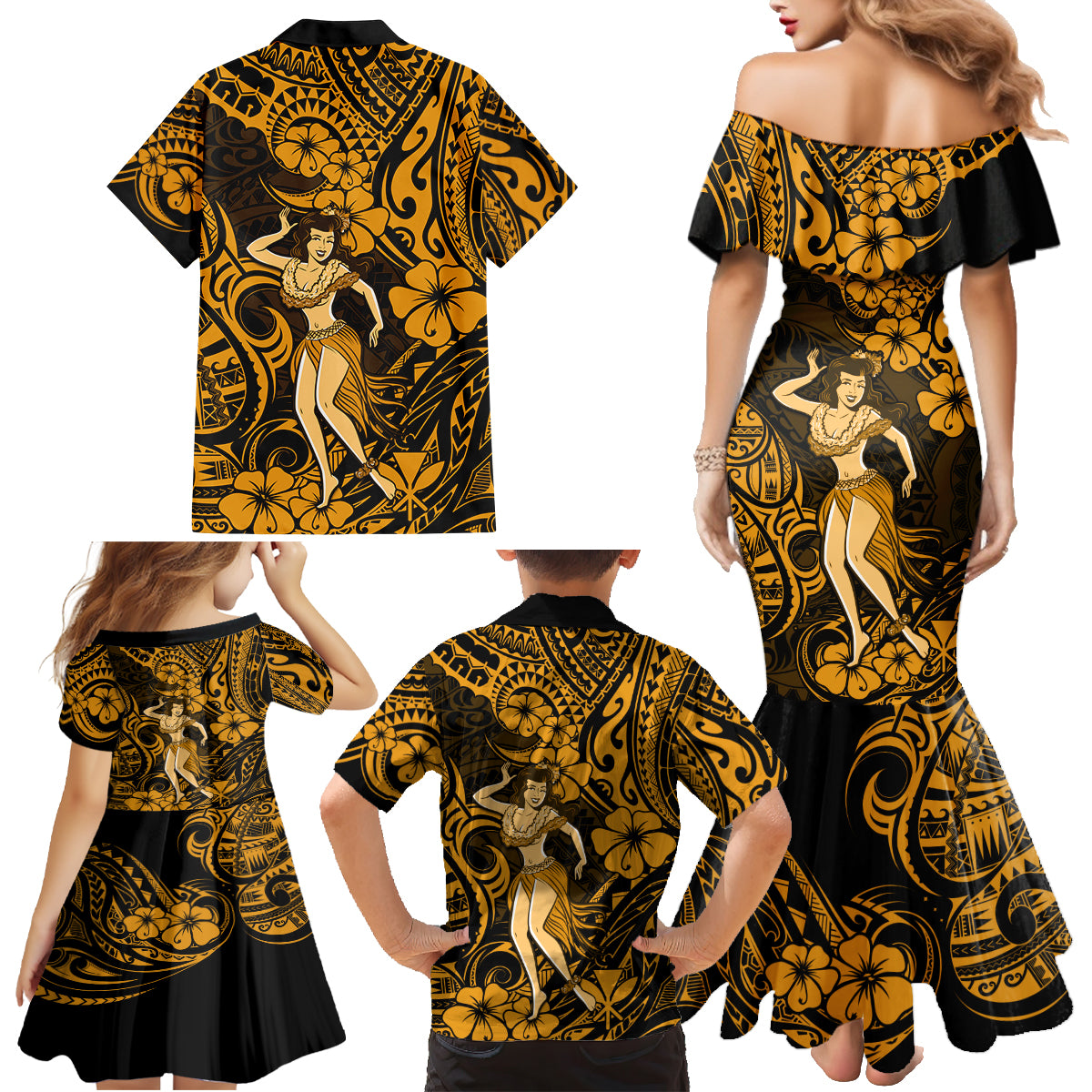 Hawaii Hula Girl Family Matching Mermaid Dress and Hawaiian Shirt Polynesian Pattern Gold Version - Wonder Print Shop