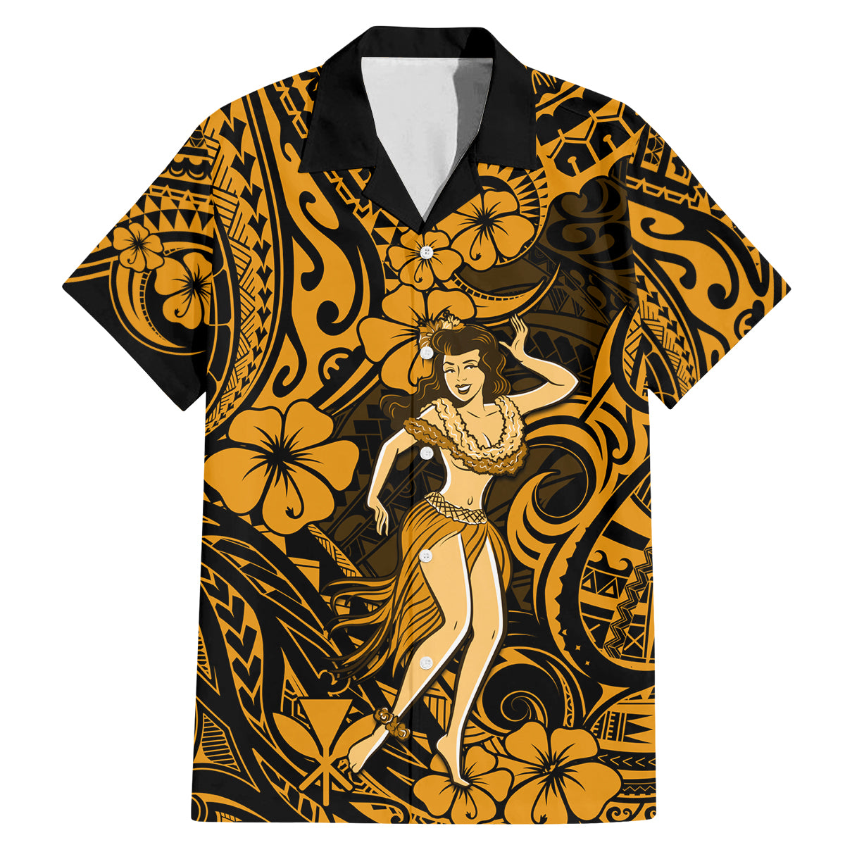 Hawaii Hula Girl Family Matching Mermaid Dress and Hawaiian Shirt Polynesian Pattern Gold Version - Wonder Print Shop