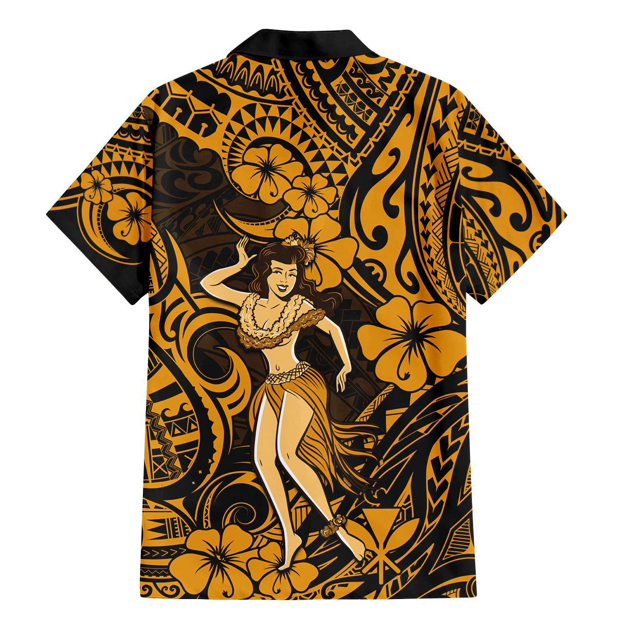 Hawaii Hula Girl Family Matching Mermaid Dress and Hawaiian Shirt Polynesian Pattern Gold Version - Wonder Print Shop