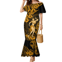 Hawaii Hula Girl Family Matching Mermaid Dress and Hawaiian Shirt Polynesian Pattern Gold Version - Wonder Print Shop