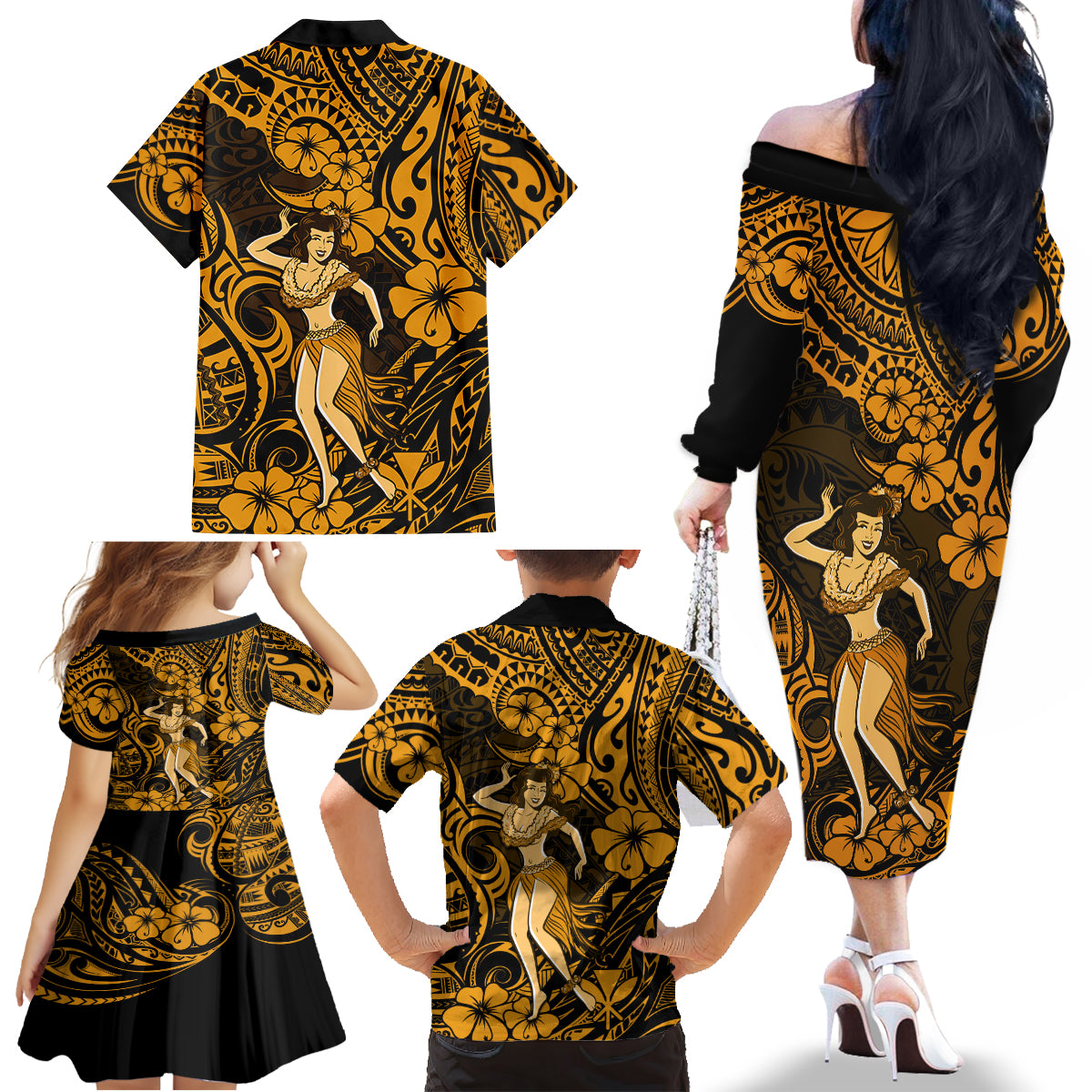 Hawaii Hula Girl Family Matching Off Shoulder Long Sleeve Dress and Hawaiian Shirt Polynesian Pattern Gold Version - Wonder Print Shop