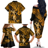 Hawaii Hula Girl Family Matching Off Shoulder Long Sleeve Dress and Hawaiian Shirt Polynesian Pattern Gold Version - Wonder Print Shop