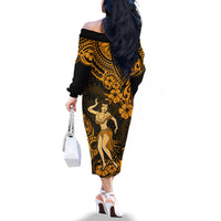 Hawaii Hula Girl Family Matching Off Shoulder Long Sleeve Dress and Hawaiian Shirt Polynesian Pattern Gold Version - Wonder Print Shop