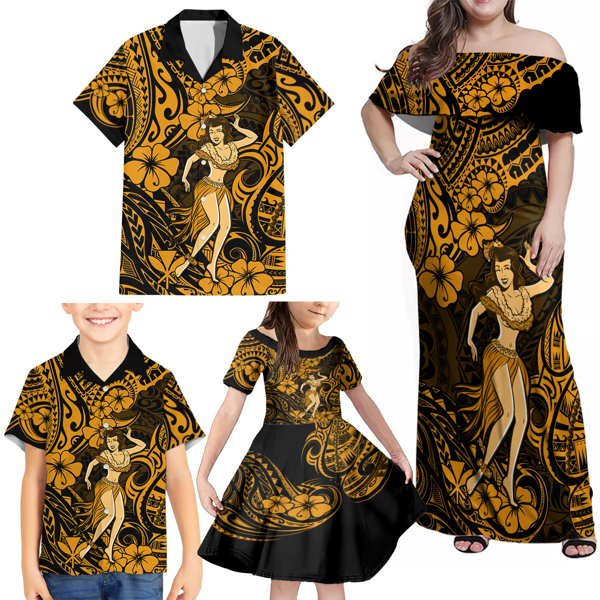 Hawaii Hula Girl Family Matching Off Shoulder Maxi Dress and Hawaiian Shirt Polynesian Pattern Gold Version - Wonder Print Shop