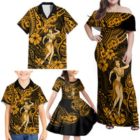Hawaii Hula Girl Family Matching Off Shoulder Maxi Dress and Hawaiian Shirt Polynesian Pattern Gold Version - Wonder Print Shop