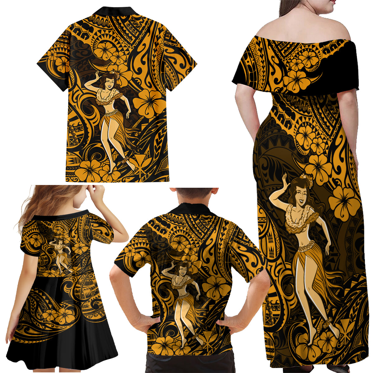 Hawaii Hula Girl Family Matching Off Shoulder Maxi Dress and Hawaiian Shirt Polynesian Pattern Gold Version - Wonder Print Shop