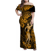 Hawaii Hula Girl Family Matching Off Shoulder Maxi Dress and Hawaiian Shirt Polynesian Pattern Gold Version - Wonder Print Shop