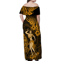 Hawaii Hula Girl Family Matching Off Shoulder Maxi Dress and Hawaiian Shirt Polynesian Pattern Gold Version - Wonder Print Shop