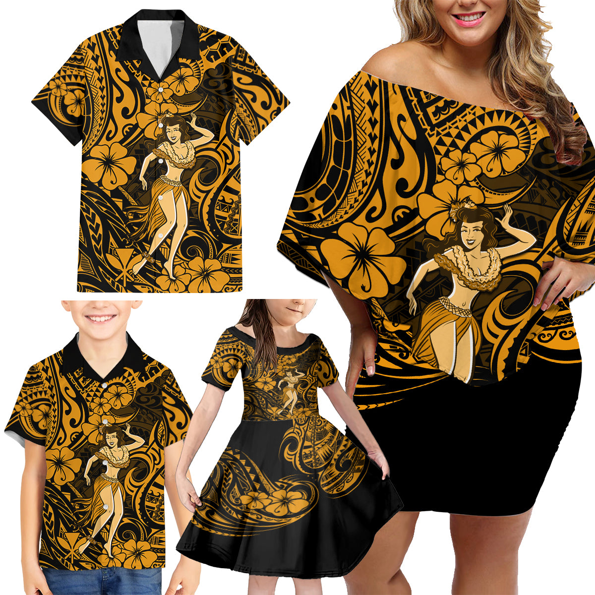 Hawaii Hula Girl Family Matching Off Shoulder Short Dress and Hawaiian Shirt Polynesian Pattern Gold Version - Wonder Print Shop