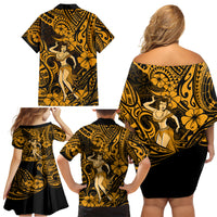 Hawaii Hula Girl Family Matching Off Shoulder Short Dress and Hawaiian Shirt Polynesian Pattern Gold Version - Wonder Print Shop