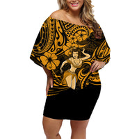 Hawaii Hula Girl Family Matching Off Shoulder Short Dress and Hawaiian Shirt Polynesian Pattern Gold Version - Wonder Print Shop