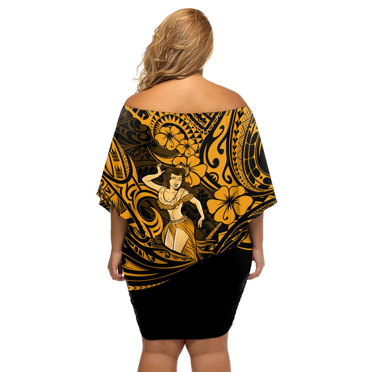 Hawaii Hula Girl Family Matching Off Shoulder Short Dress and Hawaiian Shirt Polynesian Pattern Gold Version - Wonder Print Shop