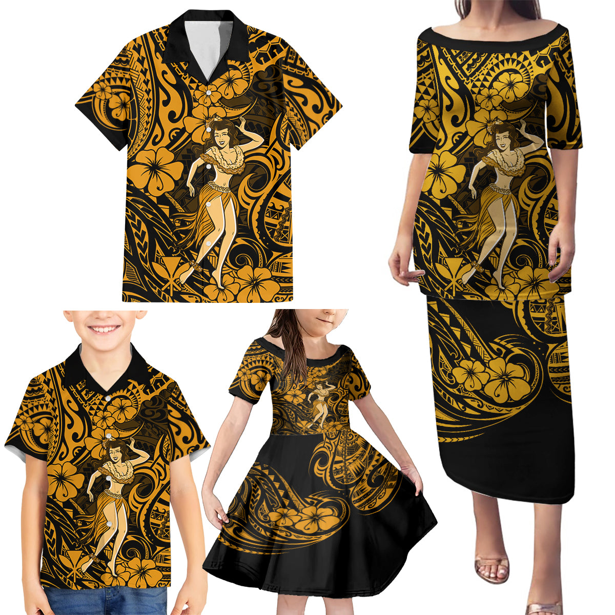 Hawaii Hula Girl Family Matching Puletasi Dress and Hawaiian Shirt Polynesian Pattern Gold Version - Wonder Print Shop