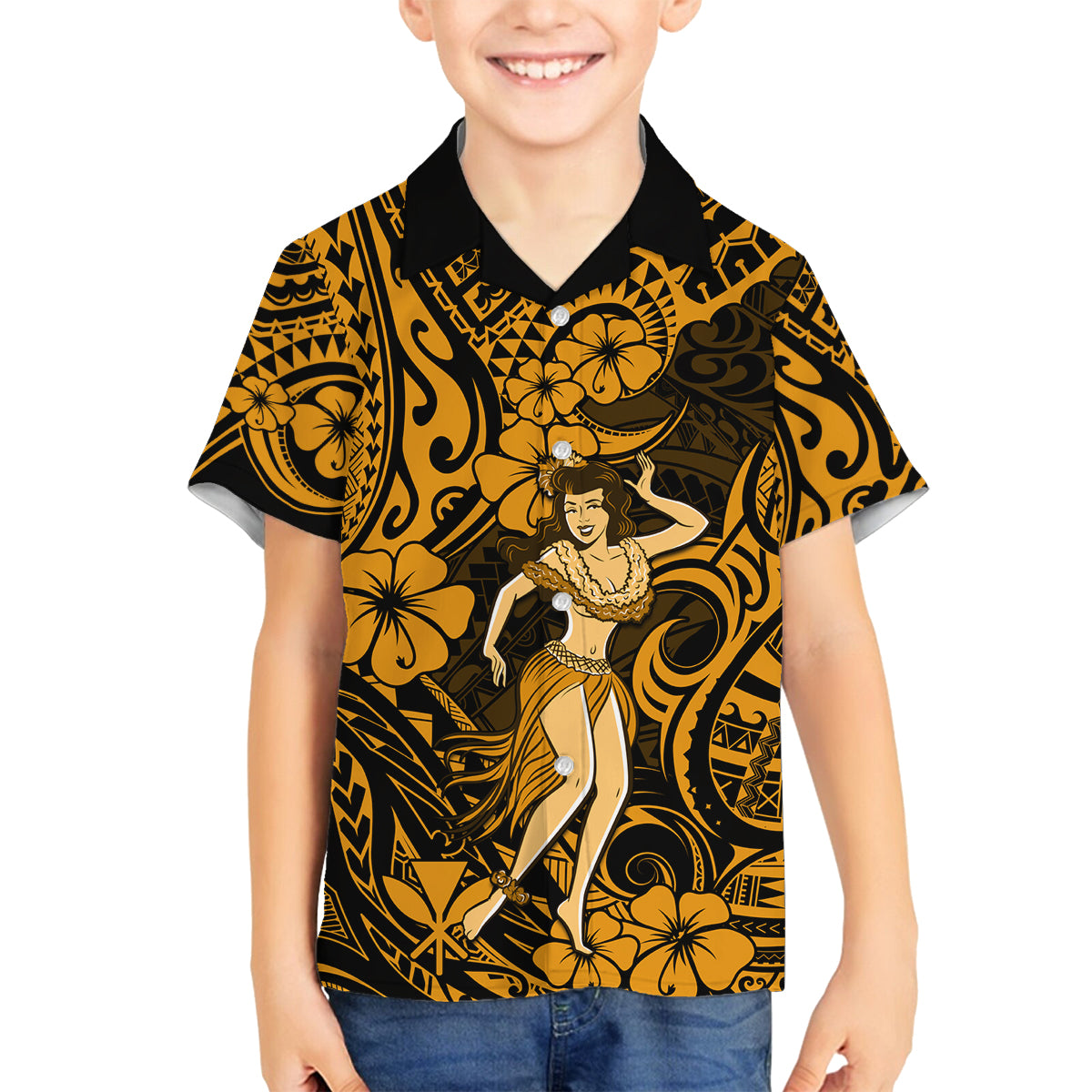Hawaii Hula Girl Family Matching Puletasi Dress and Hawaiian Shirt Polynesian Pattern Gold Version - Wonder Print Shop