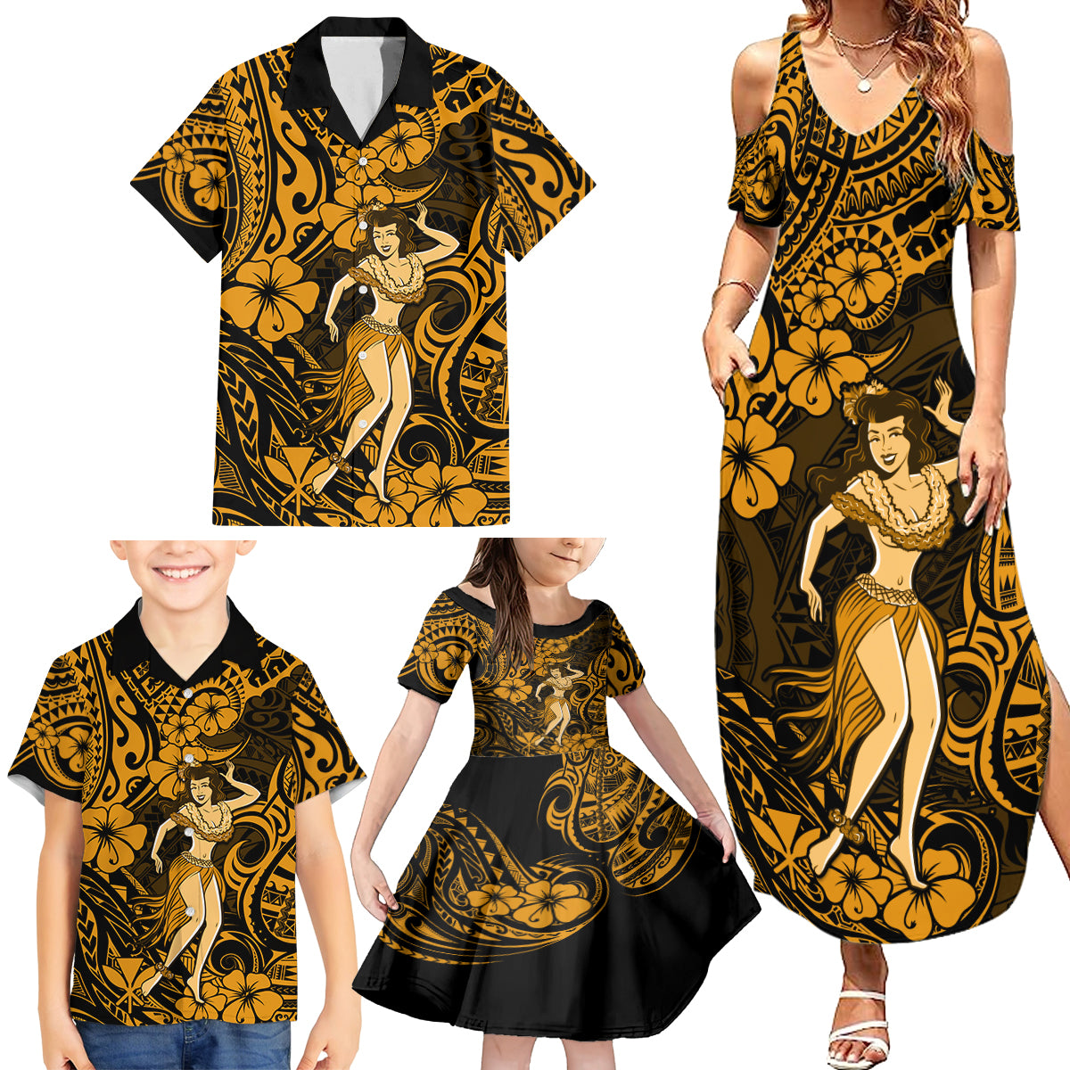 Hawaii Hula Girl Family Matching Summer Maxi Dress and Hawaiian Shirt Polynesian Pattern Gold Version - Wonder Print Shop