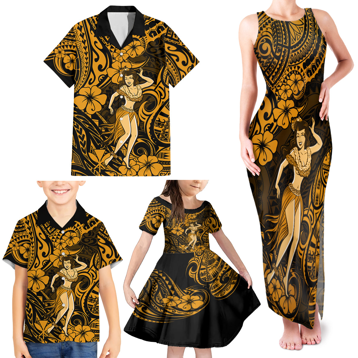 Hawaii Hula Girl Family Matching Tank Maxi Dress and Hawaiian Shirt Polynesian Pattern Gold Version - Wonder Print Shop