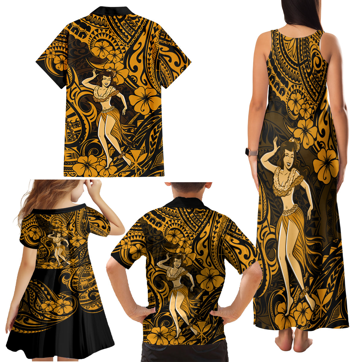 Hawaii Hula Girl Family Matching Tank Maxi Dress and Hawaiian Shirt Polynesian Pattern Gold Version - Wonder Print Shop