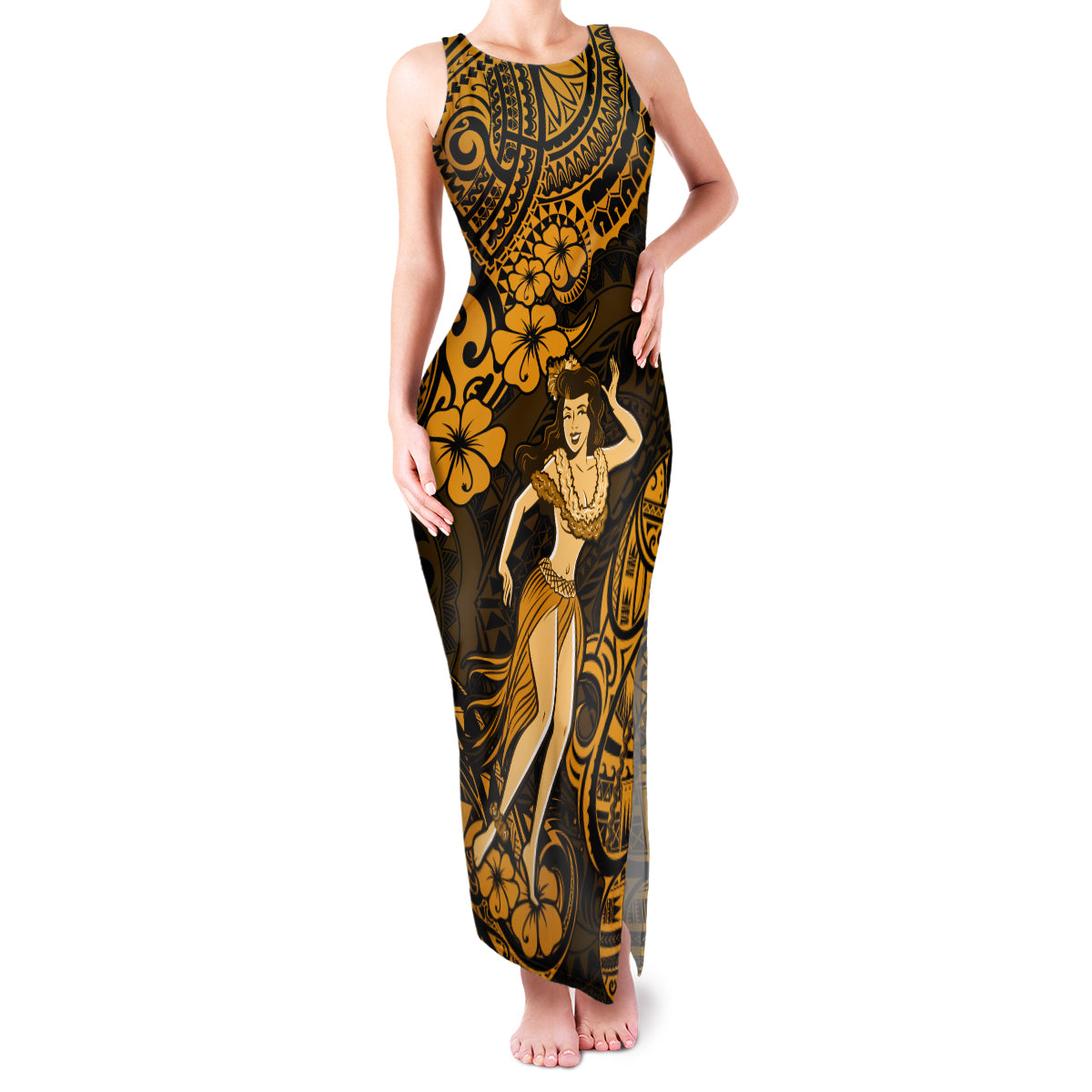 Hawaii Hula Girl Family Matching Tank Maxi Dress and Hawaiian Shirt Polynesian Pattern Gold Version - Wonder Print Shop