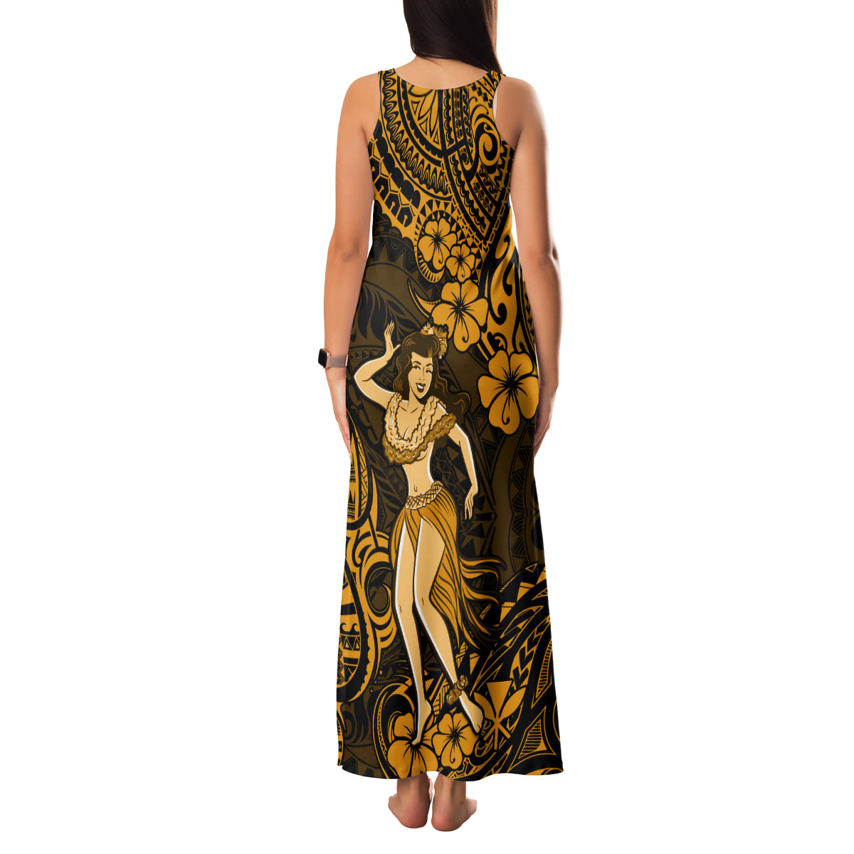 Hawaii Hula Girl Family Matching Tank Maxi Dress and Hawaiian Shirt Polynesian Pattern Gold Version - Wonder Print Shop
