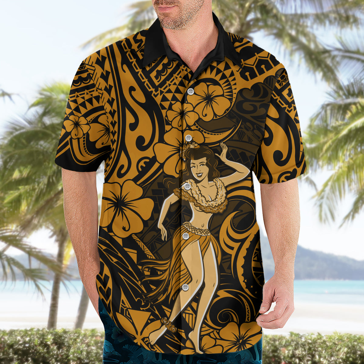 Hawaii Hula Girl Hawaiian Shirt Polynesian Pattern Gold Version - Wonder Print Shop