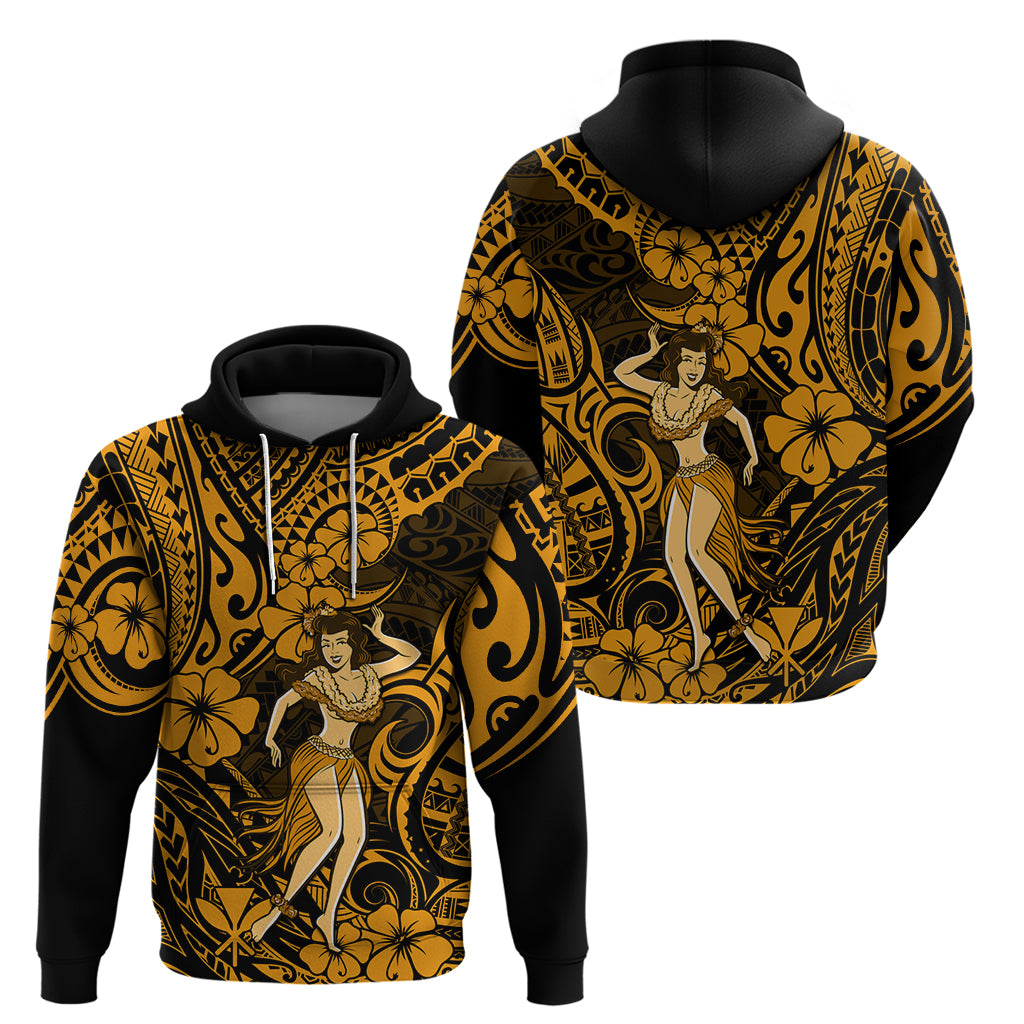 Hawaii Hula Girl Hoodie Polynesian Pattern Gold Version - Wonder Print Shop