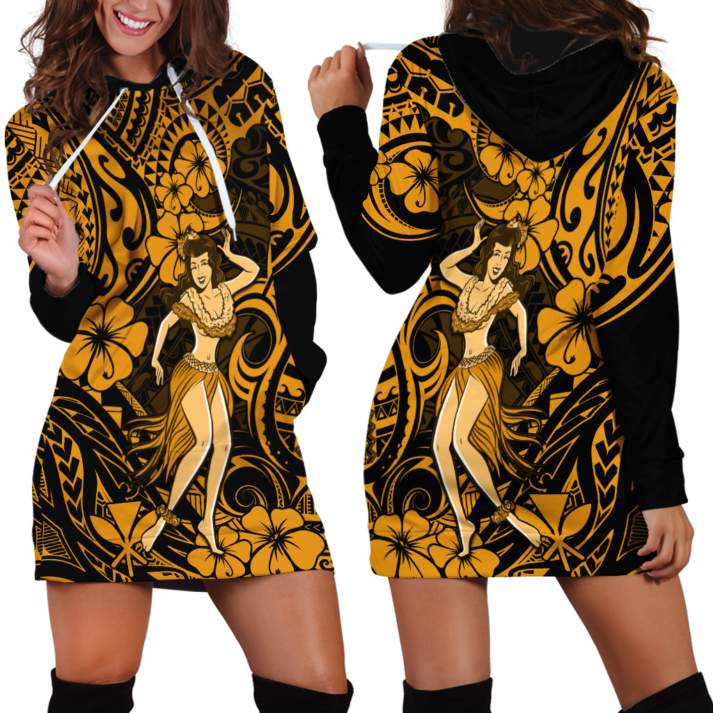 Hawaii Hula Girl Hoodie Dress Polynesian Pattern Gold Version - Wonder Print Shop