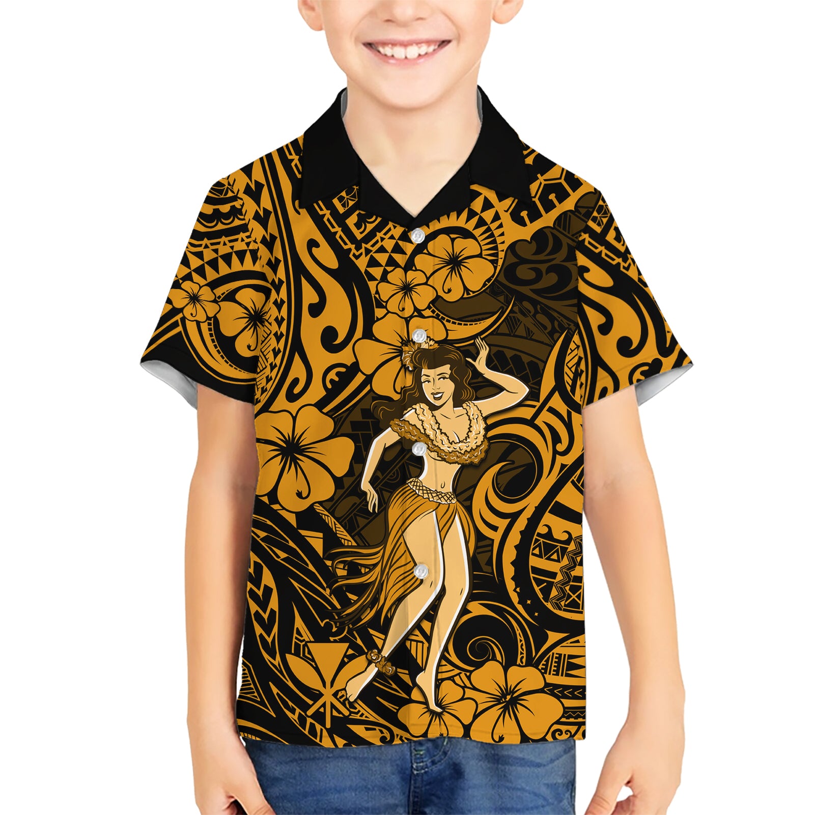 Hawaii Hula Girl Kid Hawaiian Shirt Polynesian Pattern Gold Version - Wonder Print Shop