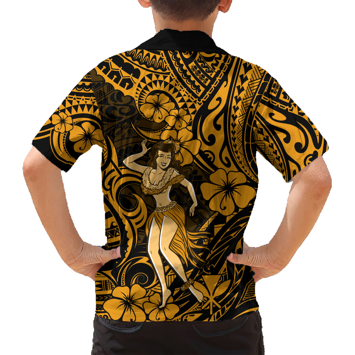 Hawaii Hula Girl Kid Hawaiian Shirt Polynesian Pattern Gold Version - Wonder Print Shop