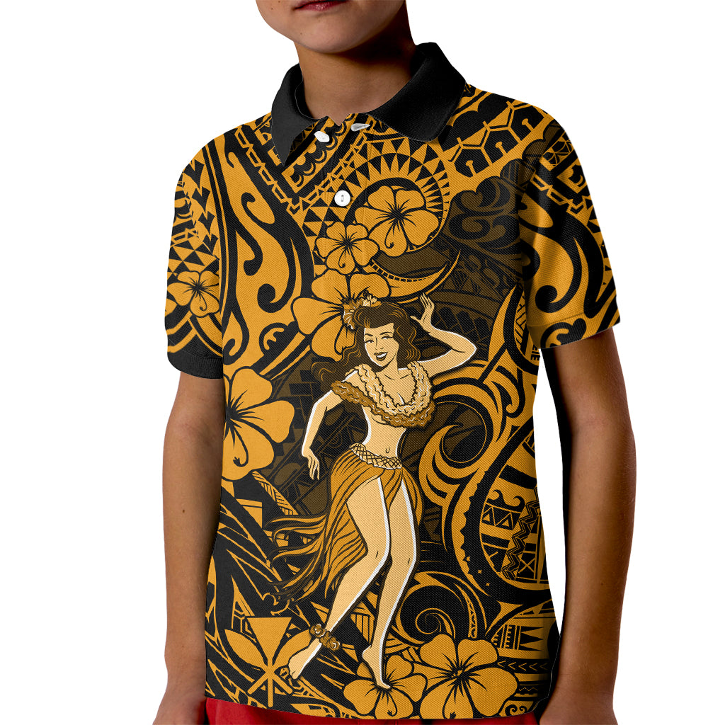 Hawaii Hula Girl Kid Polo Shirt Polynesian Pattern Gold Version - Wonder Print Shop