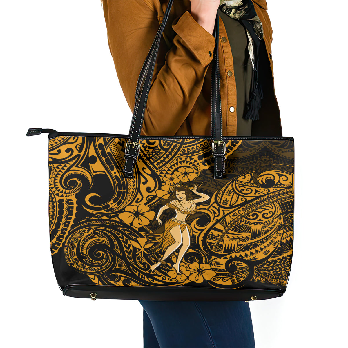 Hawaii Hula Girl Leather Tote Bag Polynesian Pattern Gold Version - Wonder Print Shop