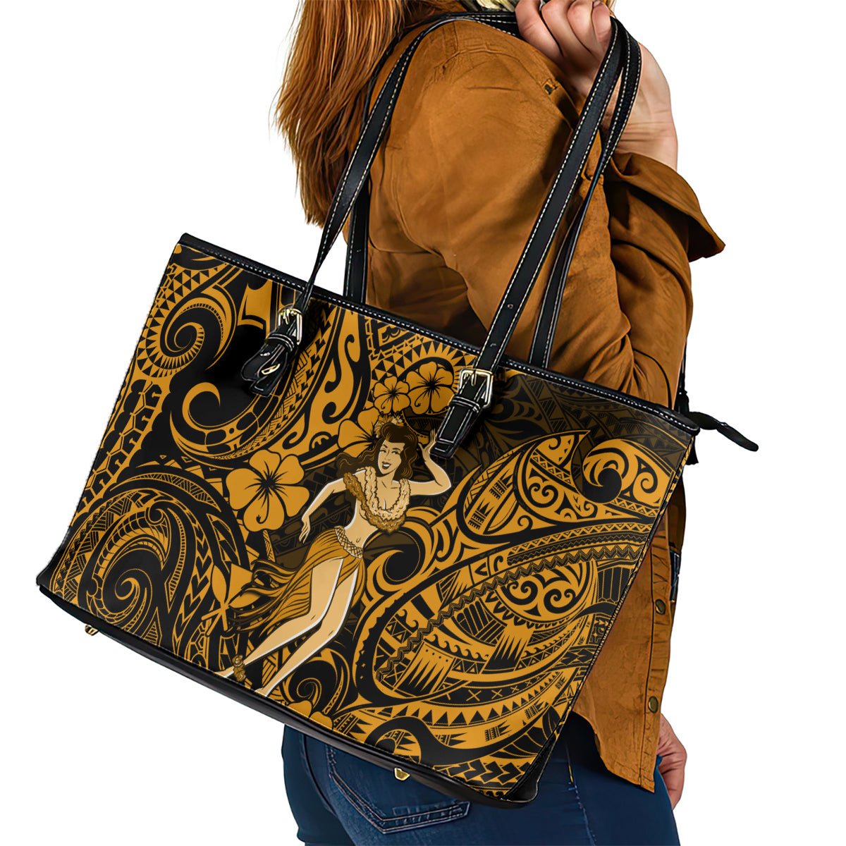 Hawaii Hula Girl Leather Tote Bag Polynesian Pattern Gold Version - Wonder Print Shop