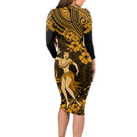 Hawaii Hula Girl Long Sleeve Bodycon Dress Polynesian Pattern Gold Version - Wonder Print Shop