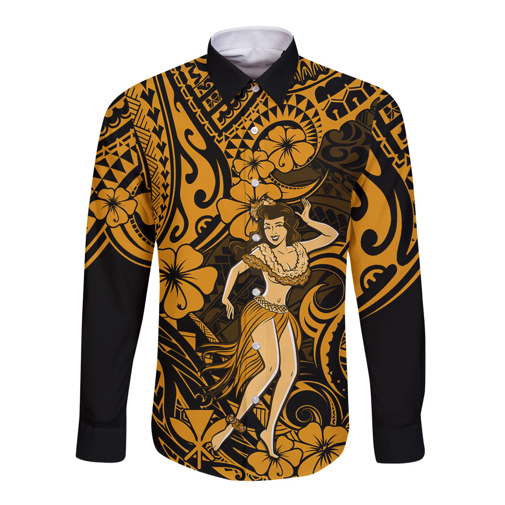 Hawaii Hula Girl Long Sleeve Button Shirt Polynesian Pattern Gold Version - Wonder Print Shop