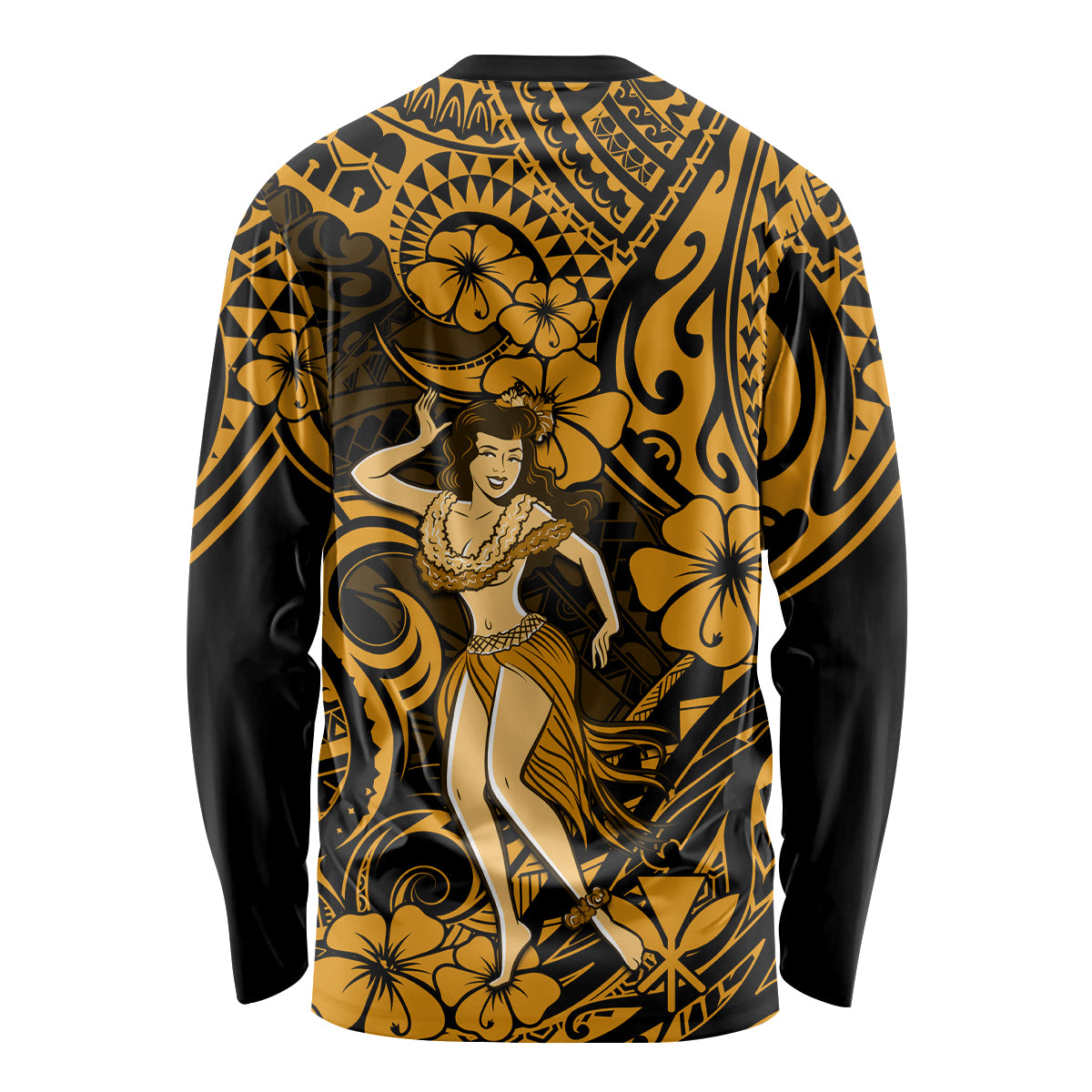 Hawaii Hula Girl Long Sleeve Shirt Polynesian Pattern Gold Version - Wonder Print Shop