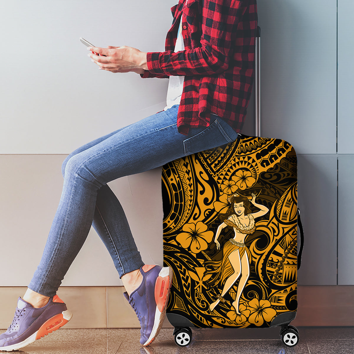Hawaii Hula Girl Luggage Cover Polynesian Pattern Gold Version - Wonder Print Shop