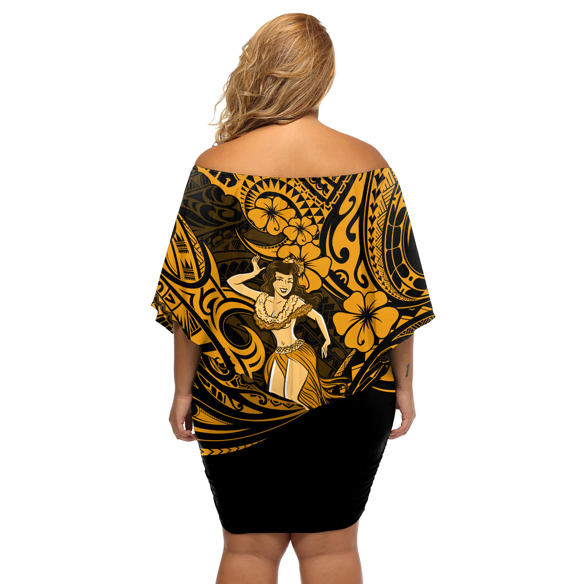 Hawaii Hula Girl Off Shoulder Short Dress Polynesian Pattern Gold Version - Wonder Print Shop
