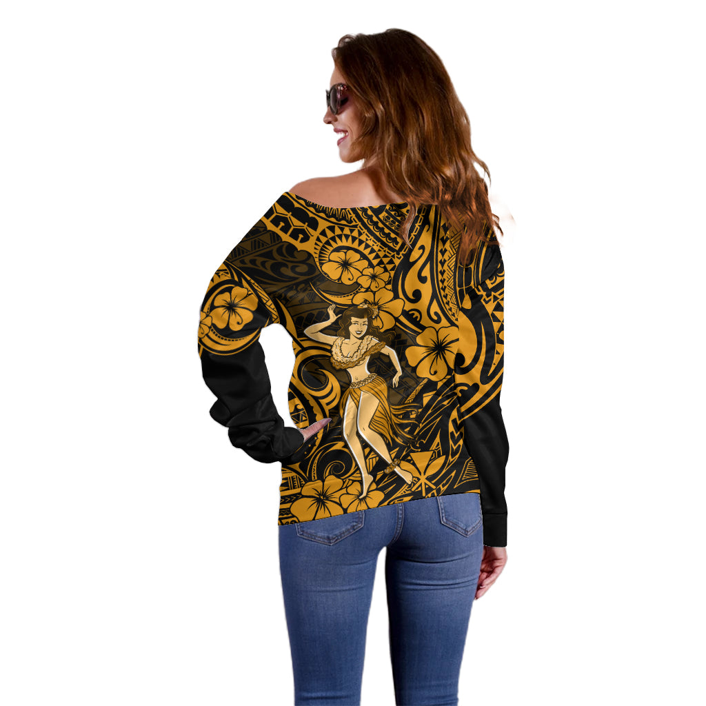 Hawaii Hula Girl Off Shoulder Sweater Polynesian Pattern Gold Version - Wonder Print Shop
