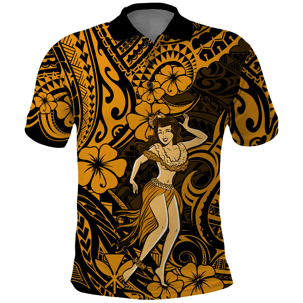 Hawaii Hula Girl Polo Shirt Polynesian Pattern Gold Version - Wonder Print Shop