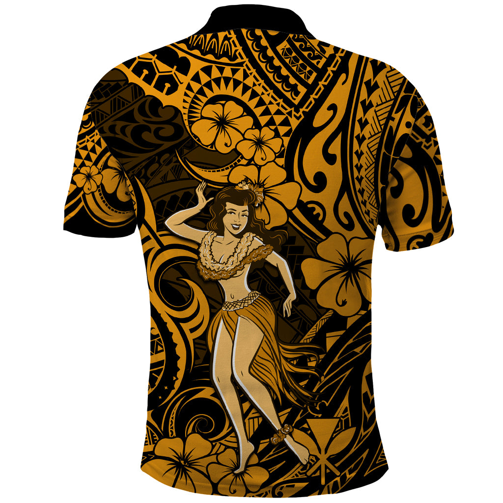 Hawaii Hula Girl Polo Shirt Polynesian Pattern Gold Version - Wonder Print Shop