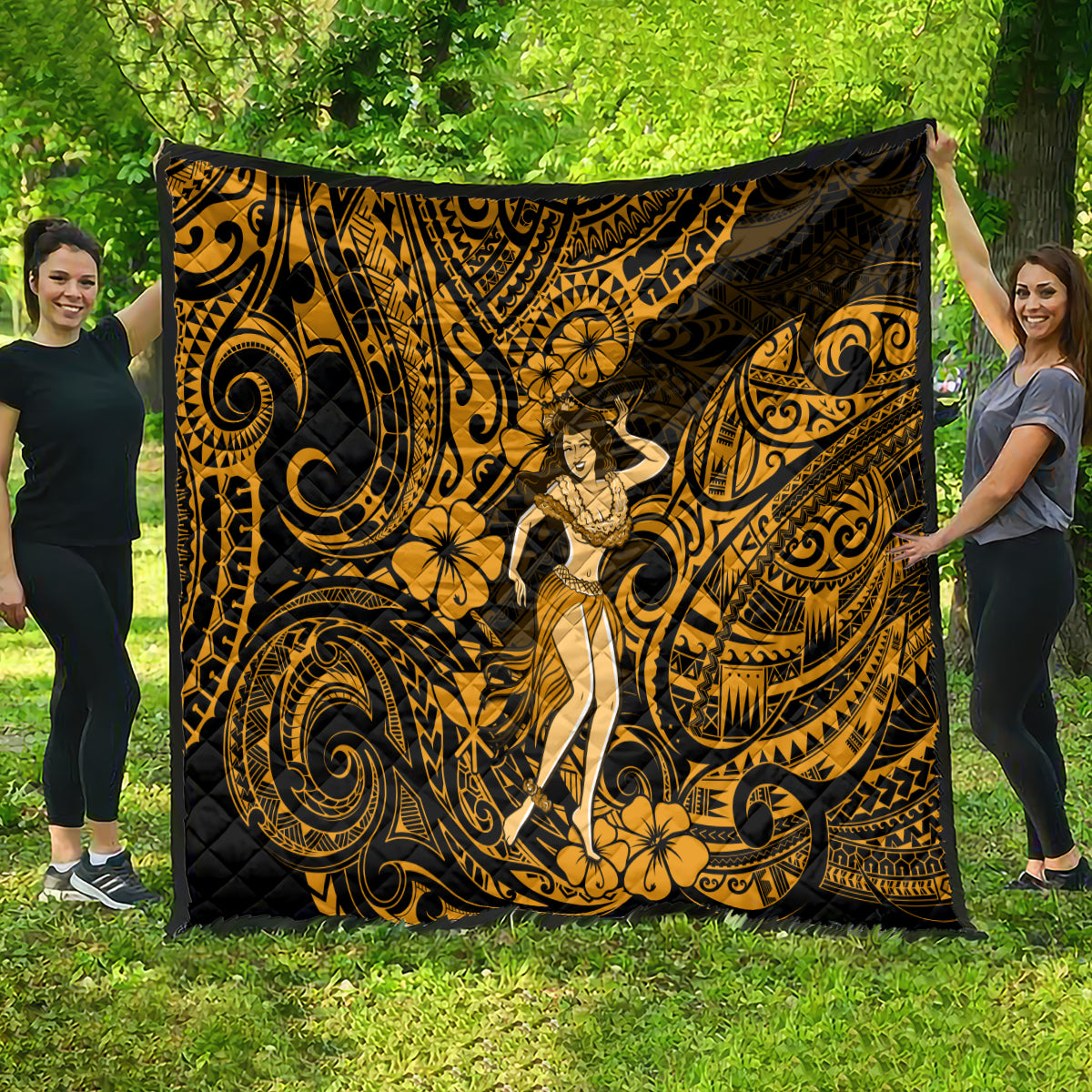 Hawaii Hula Girl Quilt Polynesian Pattern Gold Version - Wonder Print Shop