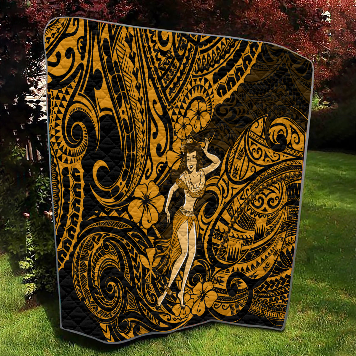 Hawaii Hula Girl Quilt Polynesian Pattern Gold Version - Wonder Print Shop