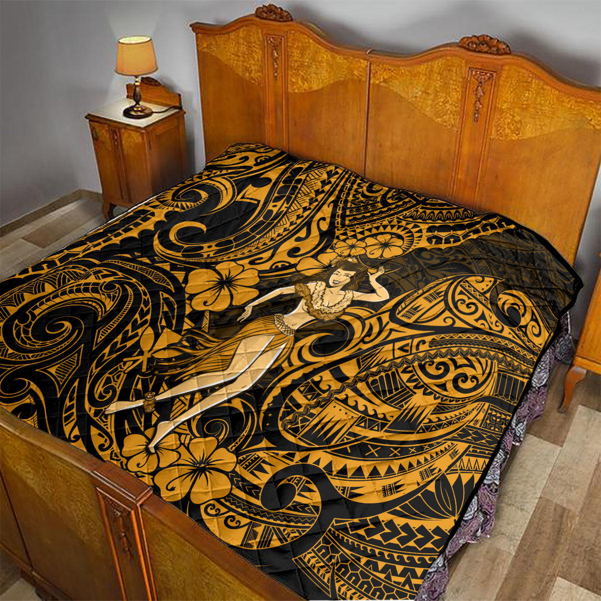 Hawaii Hula Girl Quilt Polynesian Pattern Gold Version - Wonder Print Shop