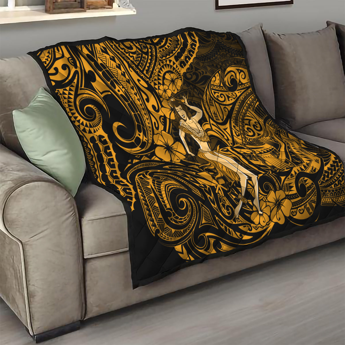Hawaii Hula Girl Quilt Polynesian Pattern Gold Version - Wonder Print Shop