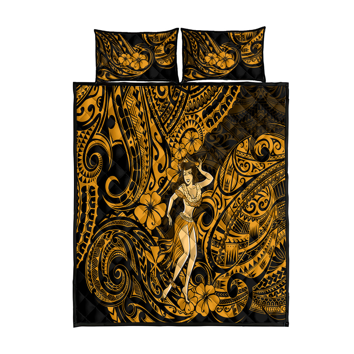 Hawaii Hula Girl Quilt Bed Set Polynesian Pattern Gold Version - Wonder Print Shop