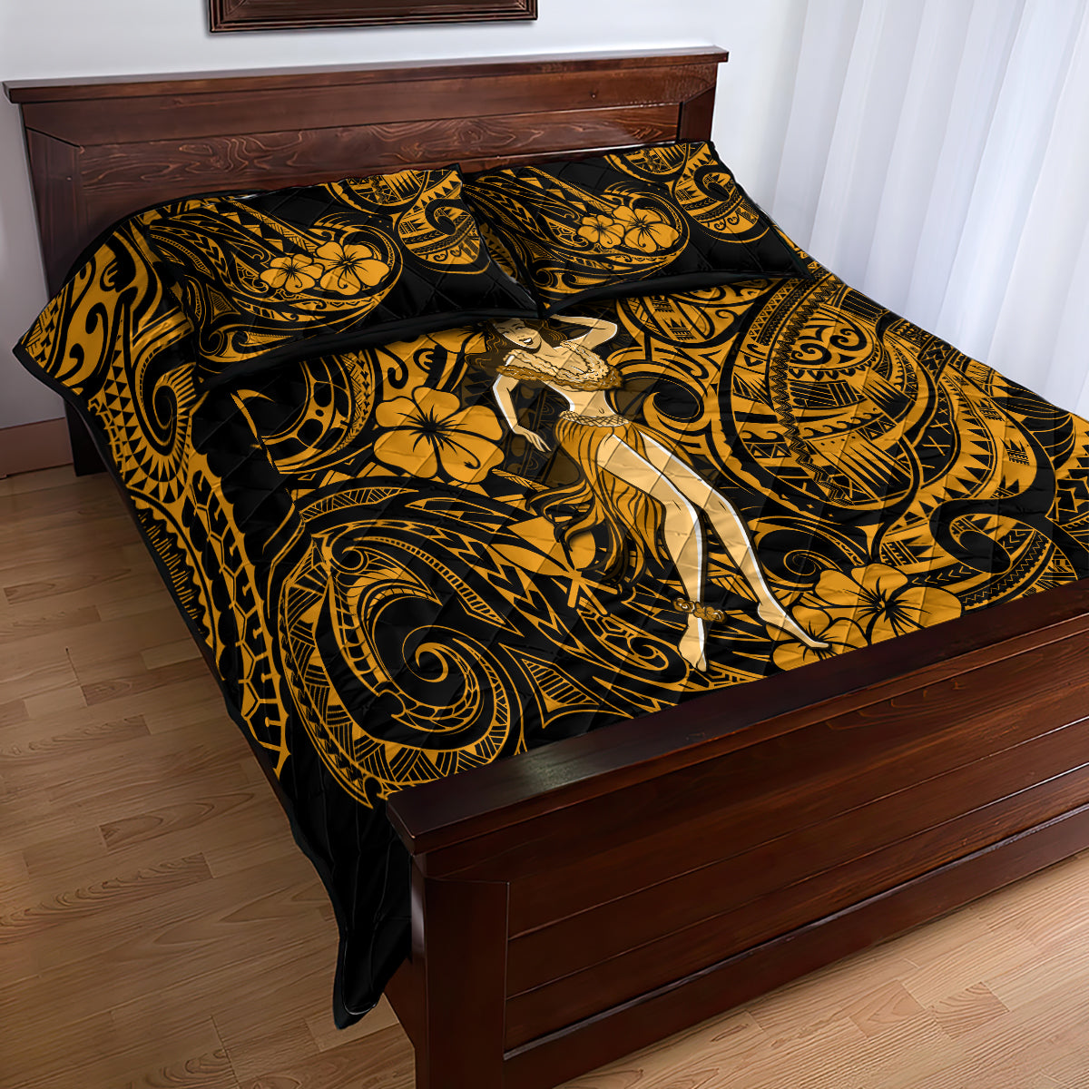 Hawaii Hula Girl Quilt Bed Set Polynesian Pattern Gold Version - Wonder Print Shop