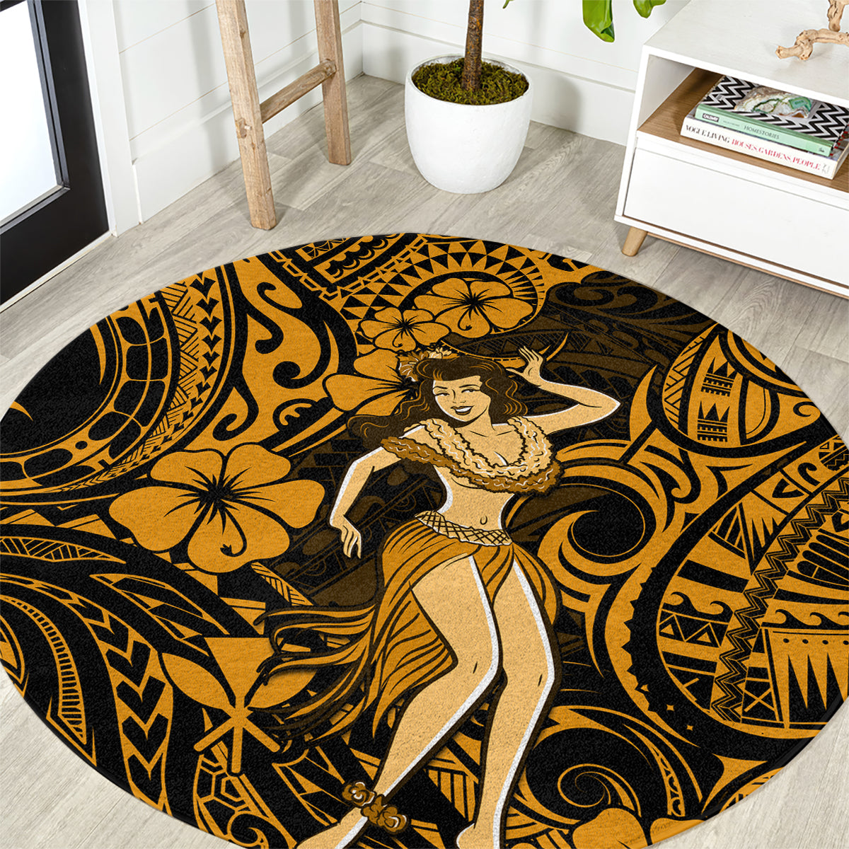 hawaii-hula-girl-round-carpet-polynesian-pattern-gold-version